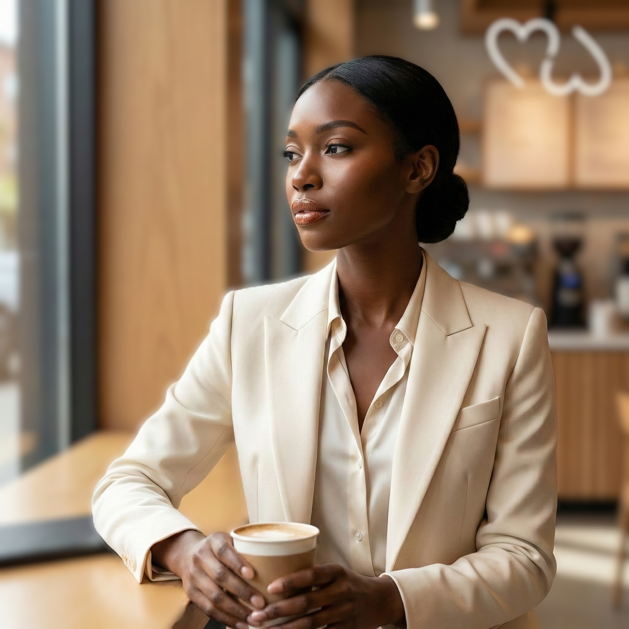 A high-definition editorial portrait of a Black woman in a tailored cream blazer and white silk blouse, looking thoughtfully out a window while holding a coffee cup, featuring the white MW monogram logo in the corner.