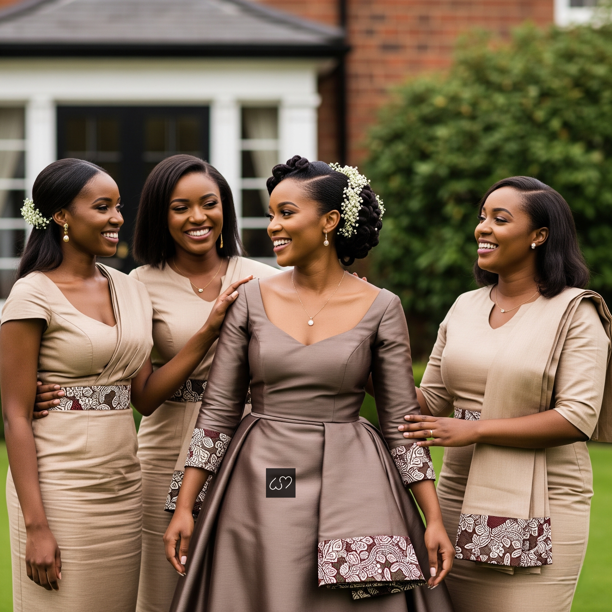 A high-definition editorial photograph of a Zimbabwean bride in a sophisticated taupe modern-traditional gown, standing with her Roora squad in coordinated taupe and cream outfits with matching African print accents in a lush garden setting.
