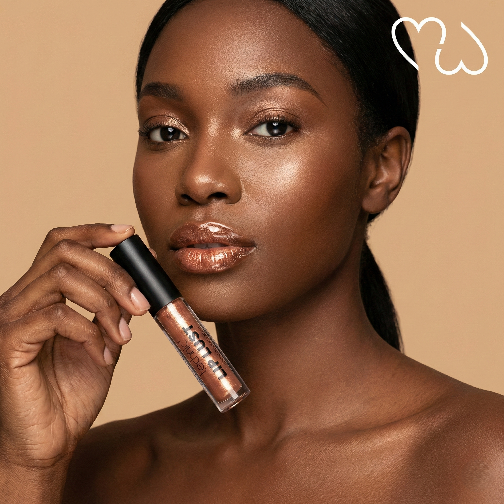 A high-definition editorial portrait of a Black woman with radiant, glowing skin wearing bronze-toned Technic Lip Lust gloss, holding the product tube near her face with the white Mello W monogram in the corner.